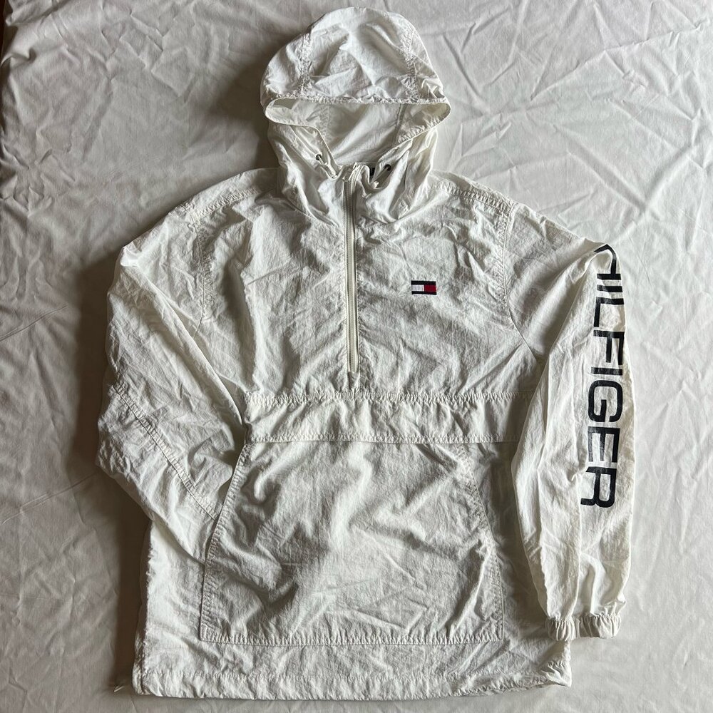 Tommy Hilfiger White Retro Taslan 1/2 Zip Hood Pullover Jacket - Men's Small